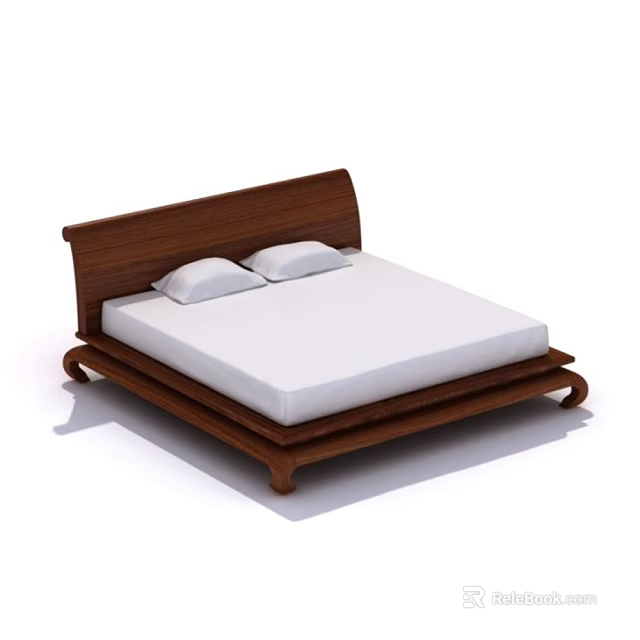 Modern Double Bed With Wooden Frame White Mattress And Two Pillows 3d model 