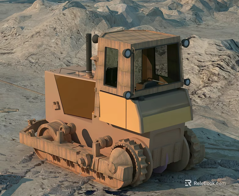 Tracked Bulldozer Functional Vehicle With Cabin And Tracks In Mountainous Rocky Terrain 3d model 