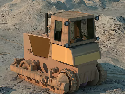 Tracked Bulldozer Functional Vehicle With Cabin And Tracks In Mountainous Rocky Terrain 3d model