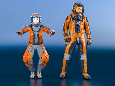 Man In Orange Astronaut Suit Standing With Another Astronaut Full Body View 3d model