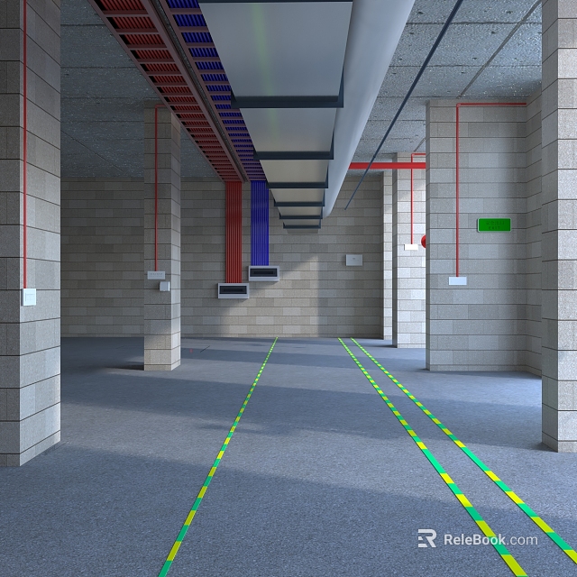 Fire Equipment In Commercial Building Interior With Red Pipes And Safety System Installations 3d model 