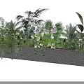 Mixed Tropical Plants In Long Planter With Green Foliage And Colorful Flowers