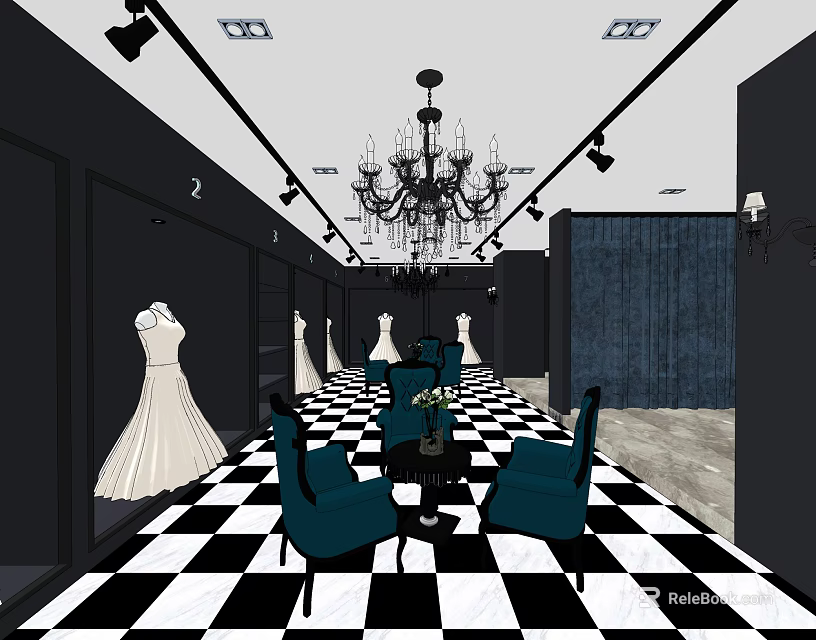 Elegant Bridal Shop Interior With Wedding Dresses Crystal Chandelier And Blue Chairs 3d model 