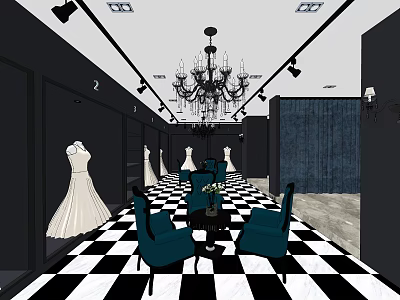 Elegant Bridal Shop Interior With Wedding Dresses Crystal Chandelier And Blue Chairs 3d model