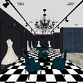 Elegant Bridal Shop Interior With Wedding Dresses Crystal Chandelier And Blue Chairs