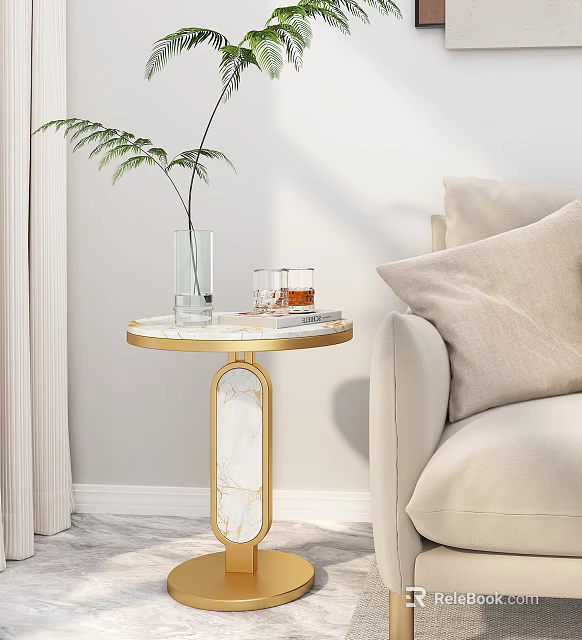 Elegant Round Side Table With Marble Top And Golden Frame By Beige Sofa With Pillow 3d model 