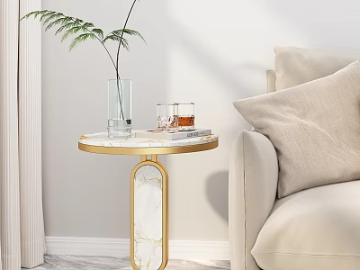 Elegant Round Side Table With Marble Top And Golden Frame By Beige Sofa With Pillow 3d model