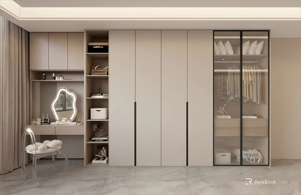 Modern Wardrobe Design With Glass Door Storage Shelves And Dressing Table Mirror 3d model 