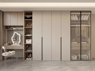 Modern Wardrobe Design With Glass Door Storage Shelves And Dressing Table Mirror 3d model