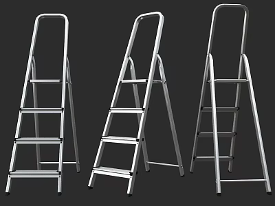 Three Silver Aluminum Folding Ladders With Sturdy Step Design For Home Multipurpose Use 3d model