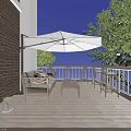 Cozy Patio With Beige Sofa Wooden Table Green Plants And Umbrella At Night