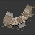 Ancient Village Architectural Model With Stone Walls Wooden Roofs And Connected Structures