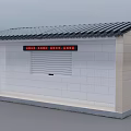 Public Restroom Building With White Beige Brick Walls Gray Tiled Roof And Red Signage