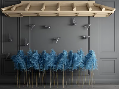 Wooden Decorative Structure On Gray Wall With Metal Bird And Blue Feather Decorations 3d model