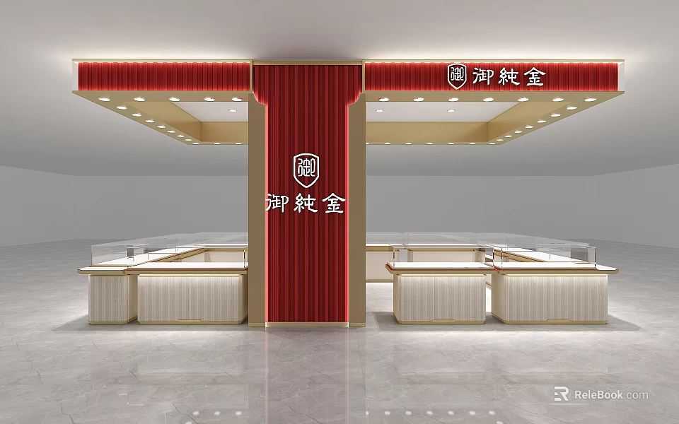 Yuchunjin Jewelry Store Modern Interior With Red Columns And Elegant Counters 3d model 