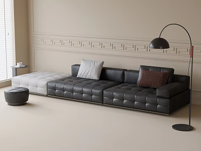 Black Leather L-shaped Sectional Sofa With Decorative Pillows Ornate Wall Trim Floor Lamp And Ottoman 3d model