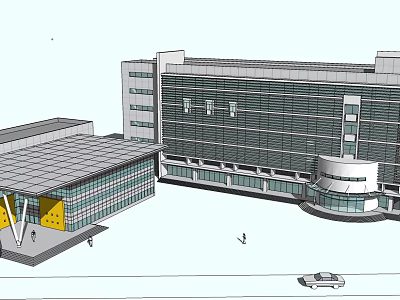 Modern Multi Story Office Building With Glass Curtain Walls Attached Structure Entrance And Car 3d model