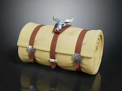 Yellow Roll Up Storage Bag With Brown Leather Straps And Silver Decorative Buckle 3d model