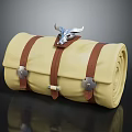 Yellow Roll Up Storage Bag With Brown Leather Straps And Silver Decorative Buckle