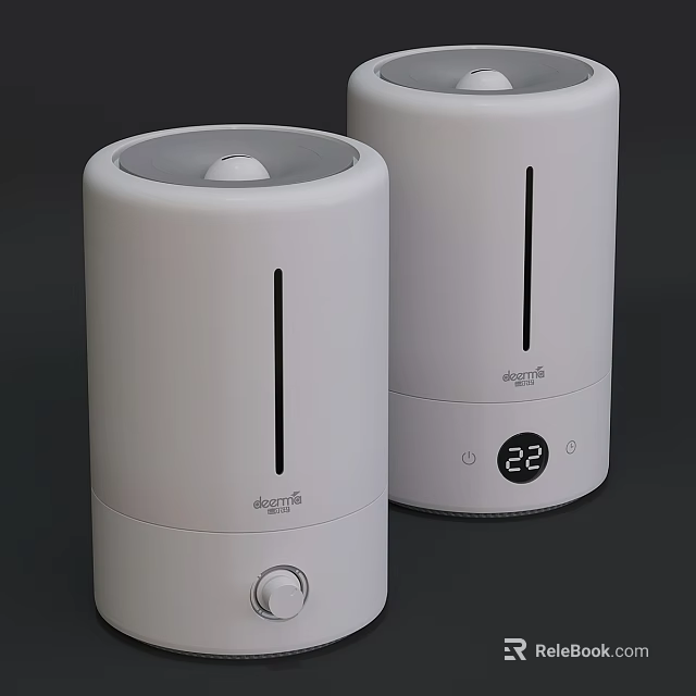 Two White Deerma Humidifiers With Digital Display Showing 22 And Knob Design 3d model 