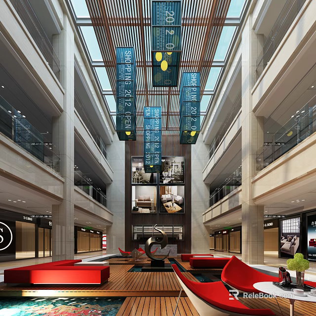 Spacious Modern Mall Atrium Interior With Glass Skylight Hanging Blue Panels And Red Sofas 3d model