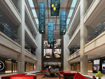 Spacious Modern Mall Atrium Interior With Glass Skylight Hanging Blue Panels And Red Sofas 3d model