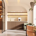 Modern Warm Toned Beauty Hair Salon Interior With Comfortable Bar Seats And Exquisite Display Shelves