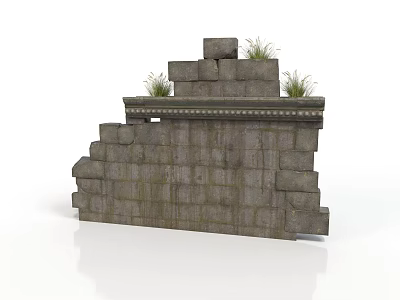 Modern Gray Stone Wall With Stepped Stacked Stones And Grass On Top 3d model