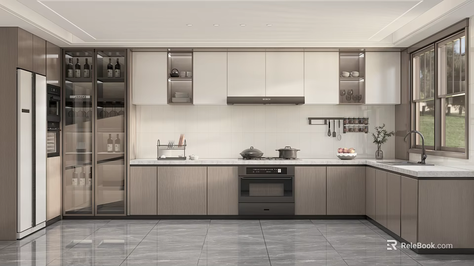 Modern Kitchen Interior Design Featuring Cabinets Countertop Appliances And Tiled Floor 3d model