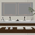 Modern Wooden Bathroom Vanity Cabinet With Double Sinks Two Mirrors And Towels