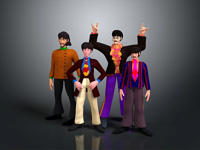 Cartoon Band Characters In Beatles Style With Different Costumes And Various Poses On Gray Background 3d model