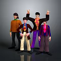 Cartoon Band Characters In Beatles Style With Different Costumes And Various Poses On Gray Background