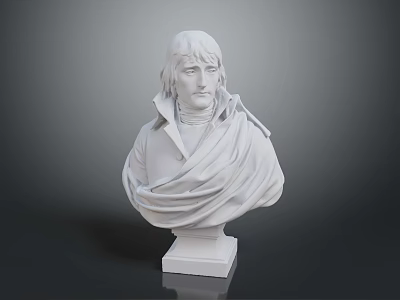 Classical White Marble Bust Statue With Flowing Cloak On Pedestal Base 3d model