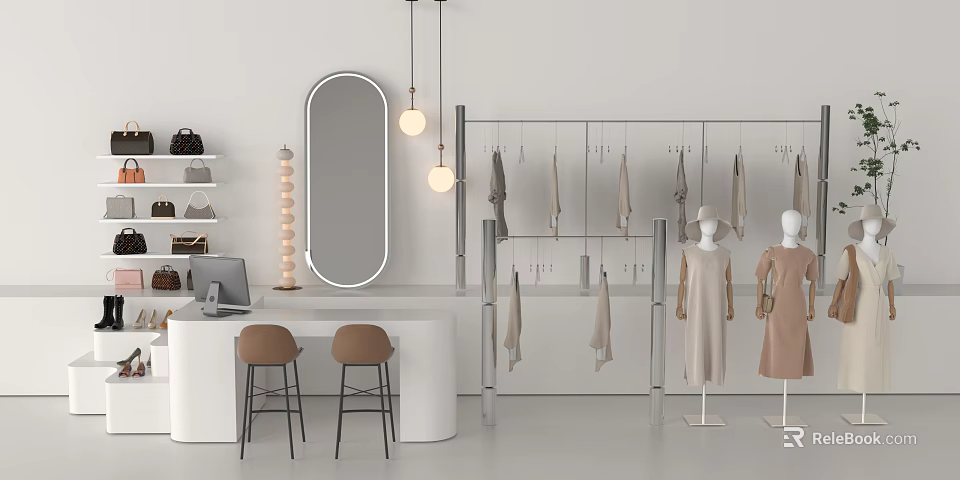Modern Clothing Store Interior With Clothes Rack Hanging Garments Mirror Stools And Mannequins 3d model 