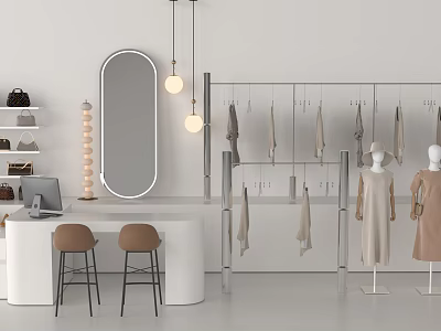 Modern Clothing Store Interior With Clothes Rack Hanging Garments Mirror Stools And Mannequins 3d model