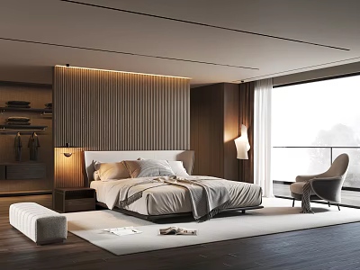 Modern Bedroom Interior Design With Wooden Slatted Headboard Bed Bench Floor Lamp And Large Window 3d model