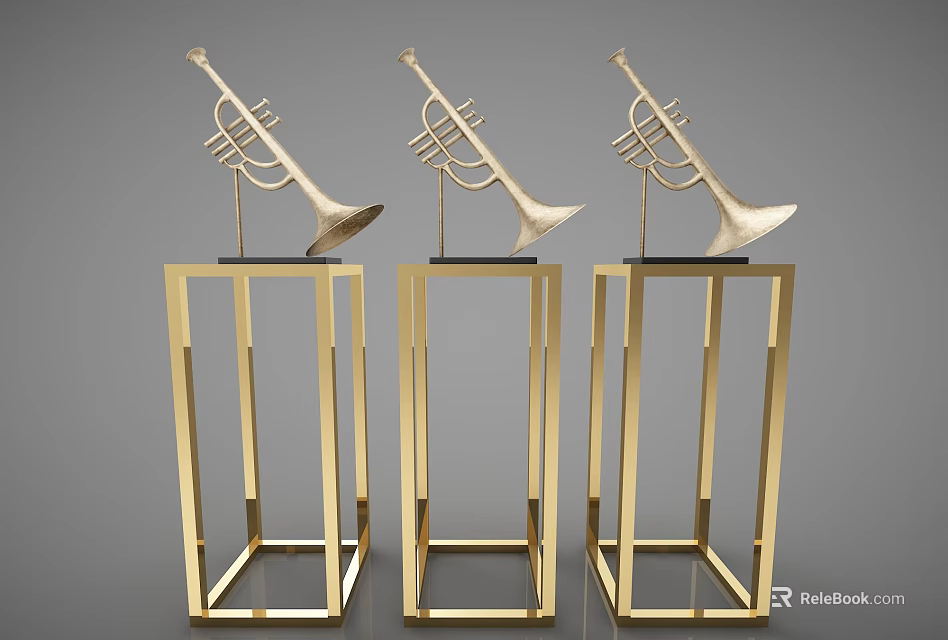 Three Golden Trumpet Musical Instruments On Decorative Display Stands For Art 3d model 