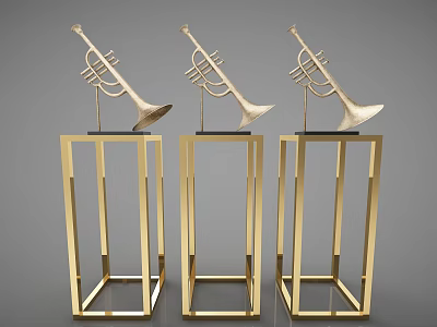 Three Golden Trumpet Musical Instruments On Decorative Display Stands For Art 3d model