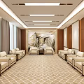 Hotel Public Lounge Area With Beige Sofas Symmetrical Layout Decorative Painting And Geometric Carpet