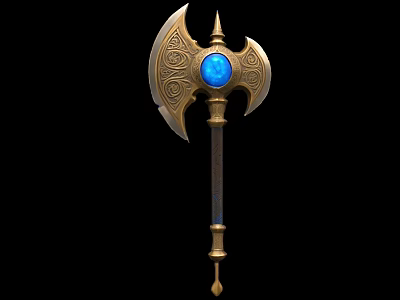 Ornate Golden Battle Axe with Blue Gemstone and Intricate Patterns on Long Handle 3d model