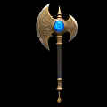 Ornate Golden Battle Axe with Blue Gemstone and Intricate Patterns on Long Handle