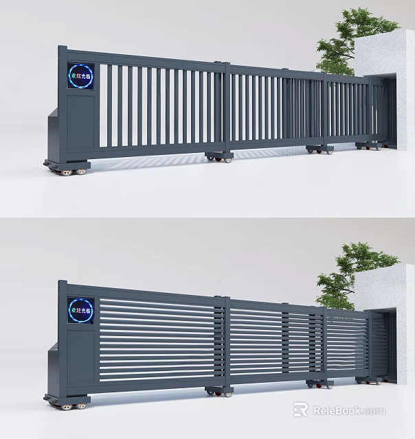 Gray Electric Sliding Gate With Vertical Stripes Control Box And 3d model