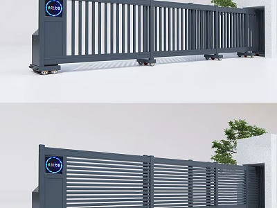 Gray Electric Sliding Gate With Vertical Stripes Control Box And 3d model