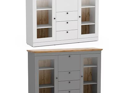 White and Gray Chest of Drawers with Open Shelves and Wooden Elements 3d model