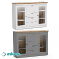 White and Gray Chest of Drawers with Open Shelves and Wooden Elements