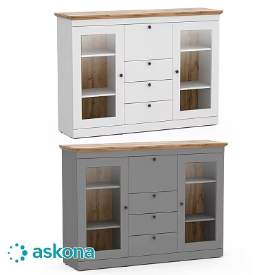White and Gray Chest of Drawers with Open Shelves and Wooden Elements 3d model