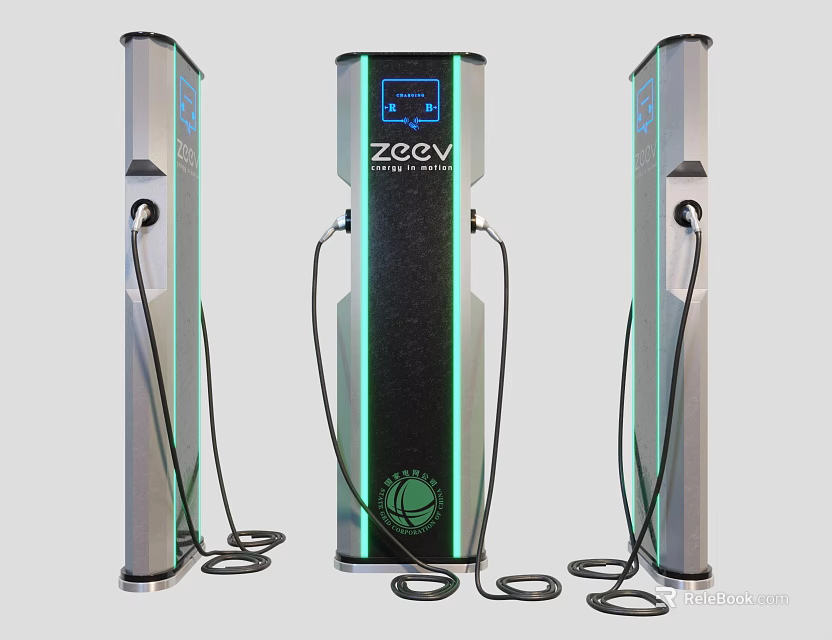 Three ZOOY Electric Vehicle Charging Stations With Modern Design And Charging Cables 3d model 