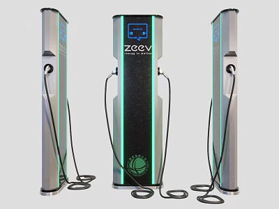 Three ZOOY Electric Vehicle Charging Stations With Modern Design And Charging Cables 3d model