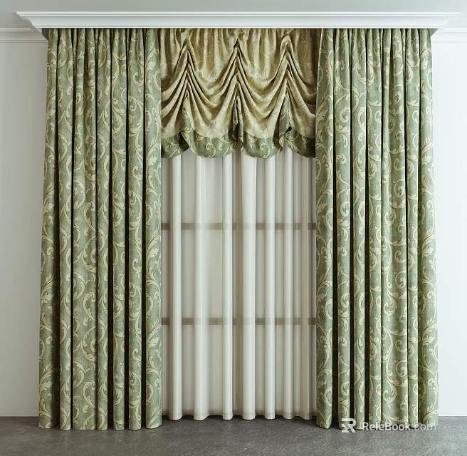 Green Curtains With Gold Patterns And Elegant Valance White Sheer Panels Interior 3d model 