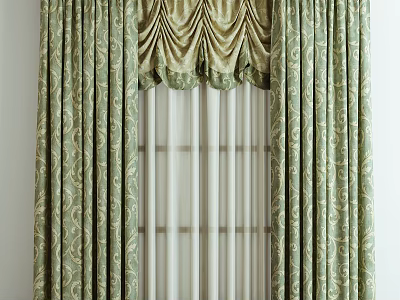 Green Curtains With Gold Patterns And Elegant Valance White Sheer Panels Interior 3d model